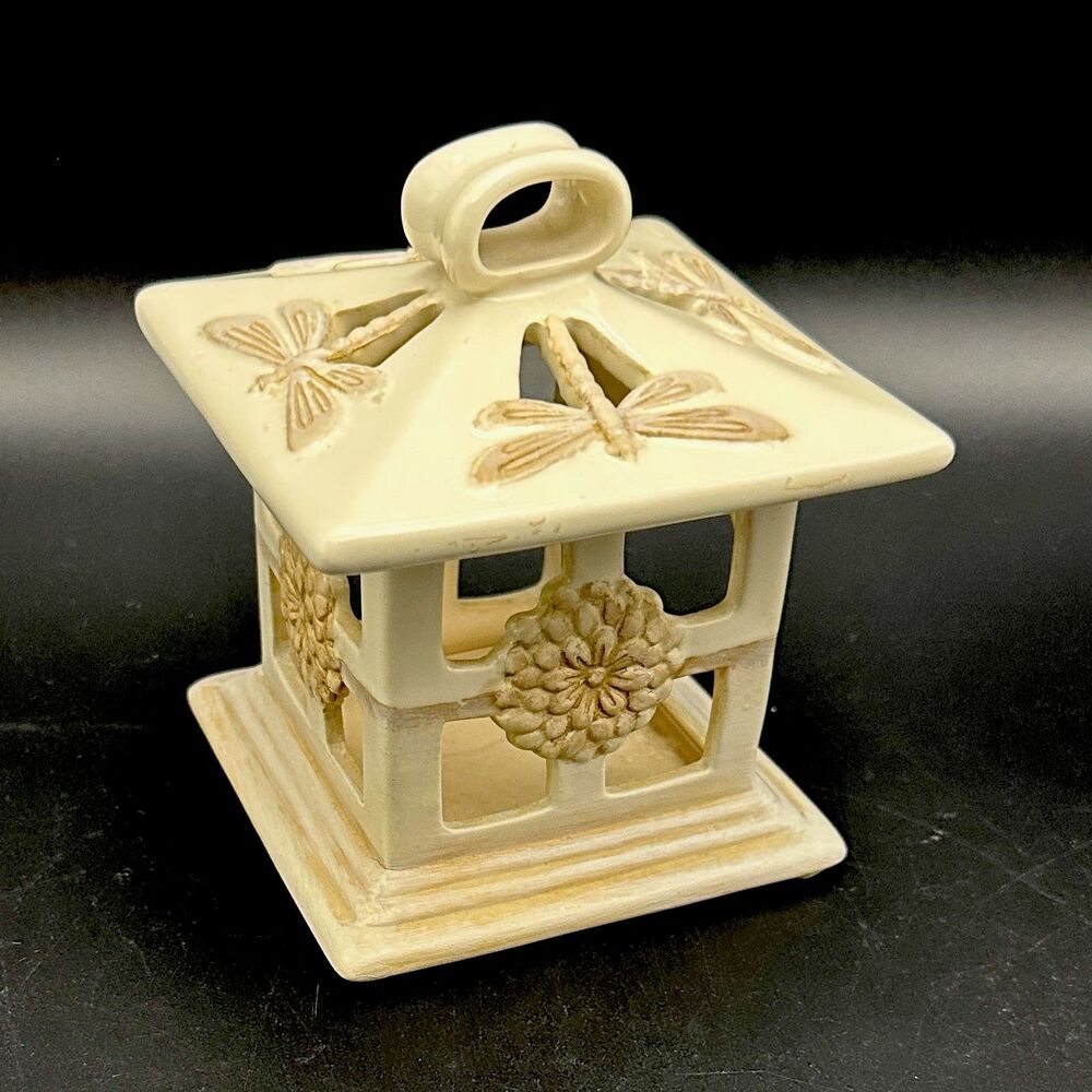 VTG Yankee Candle Stoneware Pagoda Tea Light Holder Dragonfly Ceramic Lantern 4”